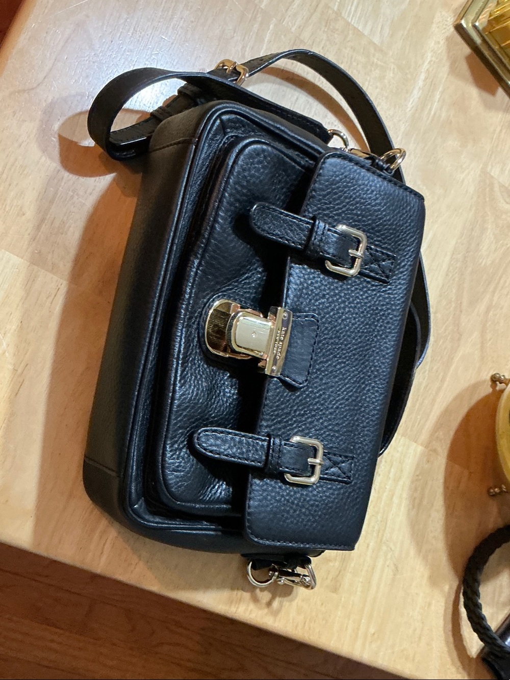 Black Leather Crossbody Satchel with Gold Hardware